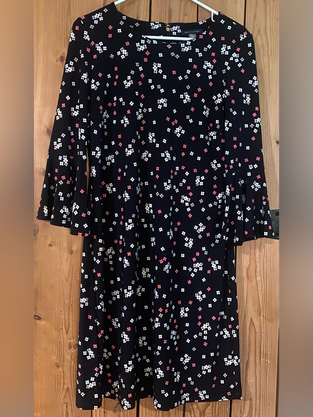 Tommy Hilfiger Black Floral Shift Dress with Ruffled Bell Sleeves